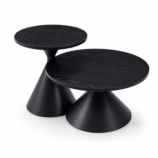 English Elm 2-piece Nesting Round Coffee Table Set Walnut Top Sculptural Steel Base Living Room Black W2920S00186