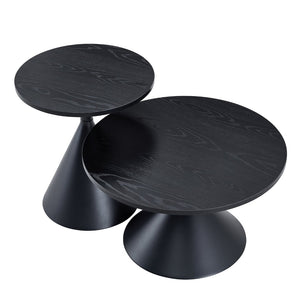 English Elm 2-piece Nesting Round Coffee Table Set Walnut Top Sculptural Steel Base Living Room Black W2920S00186