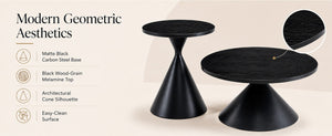English Elm 2-piece Nesting Round Coffee Table Set Walnut Top Sculptural Steel Base Living Room Black W2920S00186