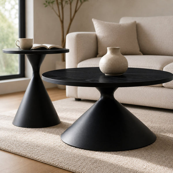 English Elm 2-piece Nesting Round Coffee Table Set Walnut Top Sculptural Steel Base Living Room Black W2920S00186