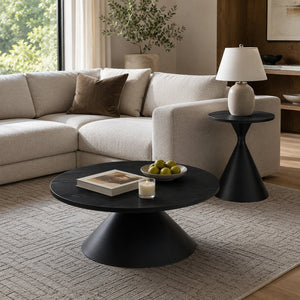 English Elm 2-piece Nesting Round Coffee Table Set Walnut Top Sculptural Steel Base Living Room Black W2920S00186