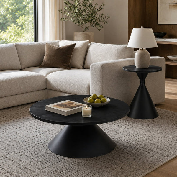 English Elm 2-piece Nesting Round Coffee Table Set Walnut Top Sculptural Steel Base Living Room Black W2920S00186