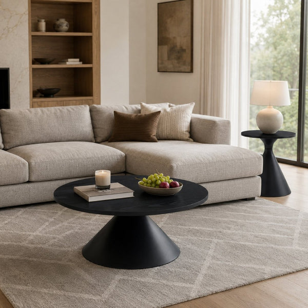 English Elm 2-piece Nesting Round Coffee Table Set Walnut Top Sculptural Steel Base Living Room Black W2920S00186