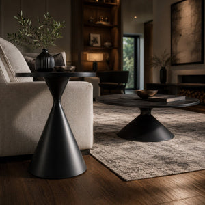 English Elm 2-piece Nesting Round Coffee Table Set Walnut Top Sculptural Steel Base Living Room Black W2920S00186