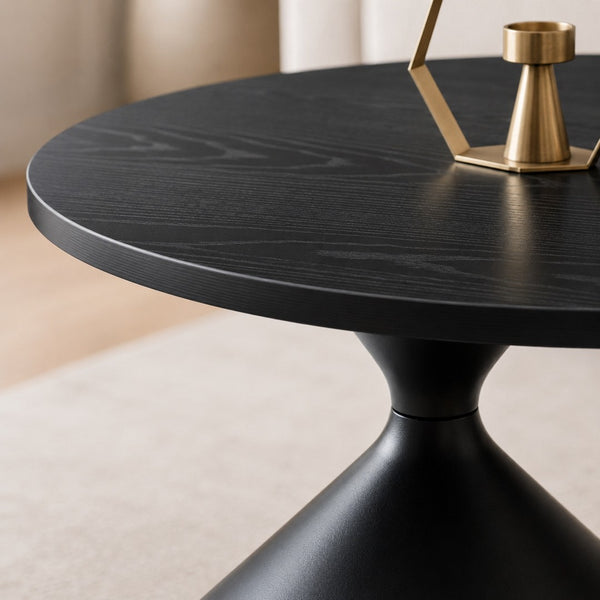 English Elm 2-piece Nesting Round Coffee Table Set Walnut Top Sculptural Steel Base Living Room Black W2920S00186