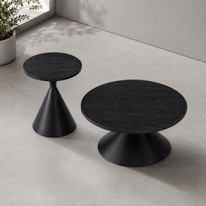 English Elm 2-piece Nesting Round Coffee Table Set Walnut Top Sculptural Steel Base Living Room Black W2920S00186
