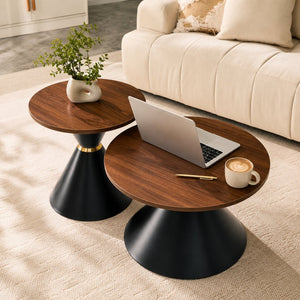 English Elm 2-piece Nesting Round Coffee Tables Walnut Finish Steel Base Modern Living Room Set W2920S00187
