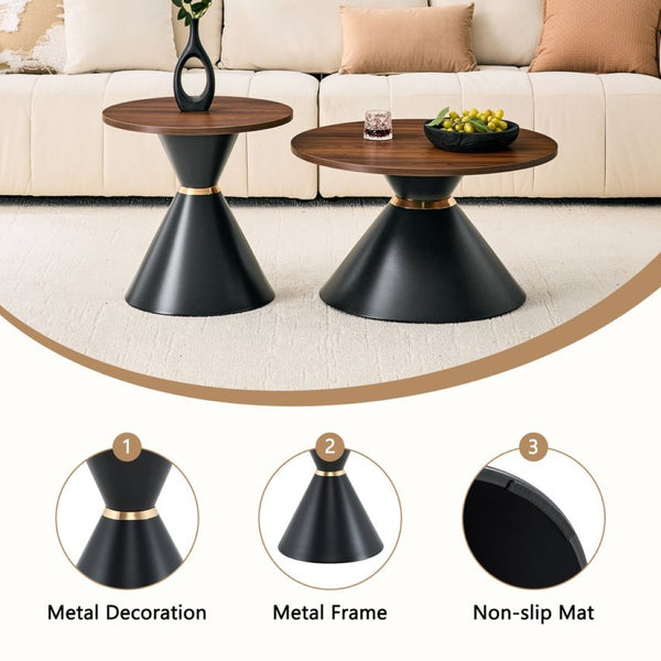English Elm 2-piece Nesting Round Coffee Tables Walnut Finish Steel Base Modern Living Room Set W2920S00187