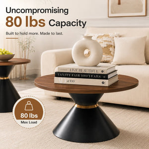 English Elm 2-piece Nesting Round Coffee Tables Walnut Finish Steel Base Modern Living Room Set W2920S00187