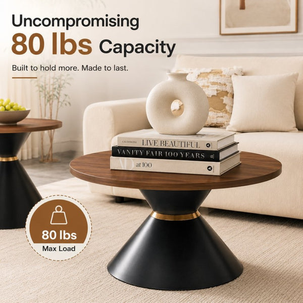 English Elm 2-piece Nesting Round Coffee Tables Walnut Finish Steel Base Modern Living Room Set W2920S00187