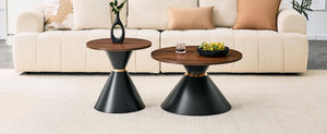 English Elm 2-piece Nesting Round Coffee Tables Walnut Finish Steel Base Modern Living Room Set W2920S00187