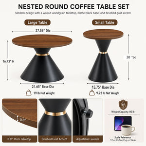 English Elm 2-piece Nesting Round Coffee Tables Walnut Finish Steel Base Modern Living Room Set W2920S00187