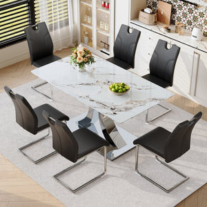 English Elm Switchable Base Glass Top Dining Set Six Armchairs Modern Minimalist Style W2920S00188