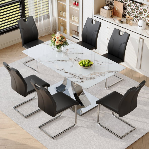 English Elm Switchable Base Glass Top Dining Set Six Armchairs Modern Minimalist Style W2920S00188