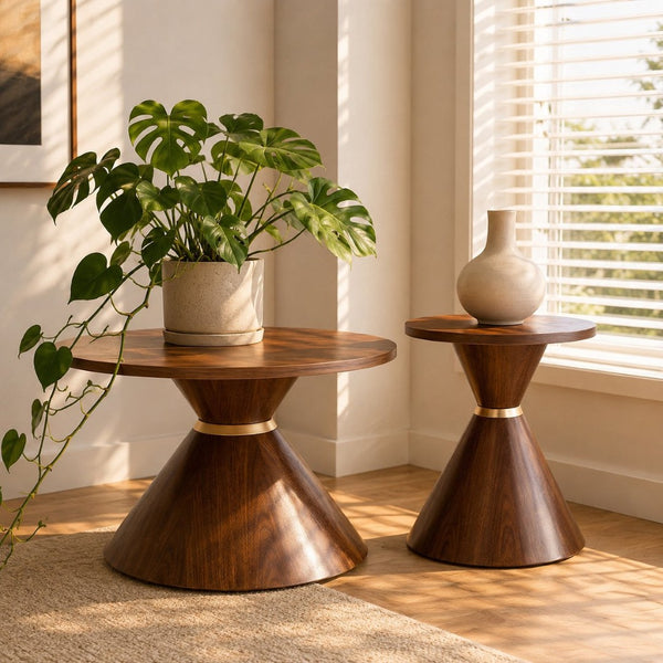 English Elm 2-piece Nesting Round Coffee Table Set Walnut Grain Hourglass Mid-century Modern Living W2920S00189