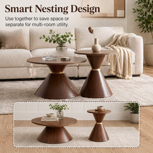 English Elm 2-piece Nesting Round Coffee Table Set Walnut Grain Hourglass Mid-century Modern Living W2920S00189