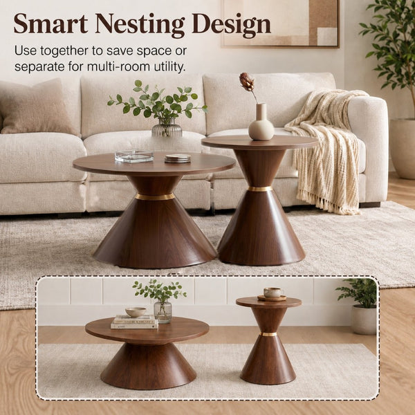 English Elm 2-piece Nesting Round Coffee Table Set Walnut Grain Hourglass Mid-century Modern Living W2920S00189