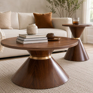 English Elm 2-piece Nesting Round Coffee Table Set Walnut Grain Hourglass Mid-century Modern Living W2920S00189