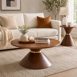 English Elm 2-piece Nesting Round Coffee Table Set Walnut Grain Hourglass Mid-century Modern Living W2920S00189