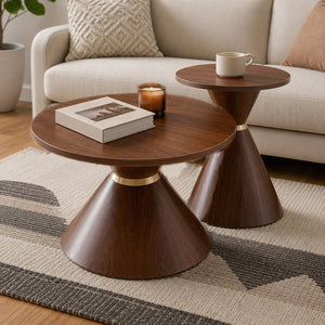 English Elm 2-piece Nesting Round Coffee Table Set Walnut Grain Hourglass Mid-century Modern Living W2920S00189
