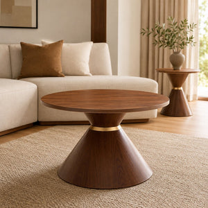 English Elm 2-piece Nesting Round Coffee Table Set Walnut Grain Hourglass Mid-century Modern Living W2920S00189