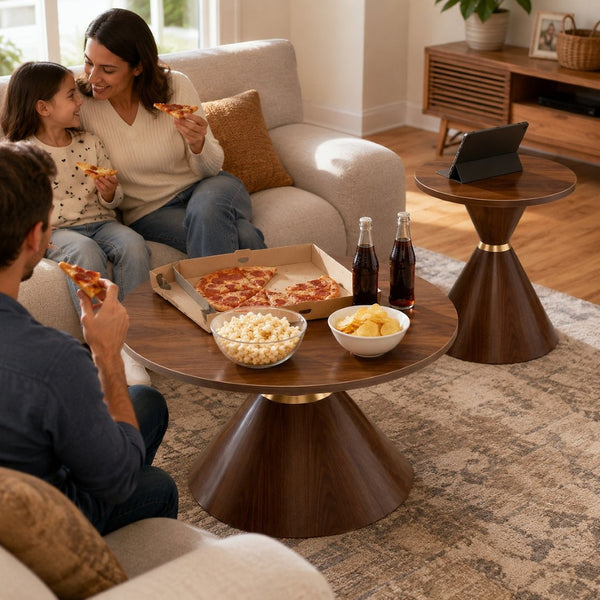 English Elm 2-piece Nesting Round Coffee Table Set Walnut Grain Hourglass Mid-century Modern Living W2920S00189
