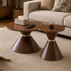 English Elm 2-piece Nesting Round Coffee Table Set Walnut Grain Hourglass Mid-century Modern Living W2920S00189