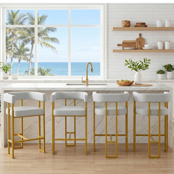 English Elm Modern Faux Leather Counter Stools Set of Four with Gold Steel Frame for Kitchen Islands W2920S00192