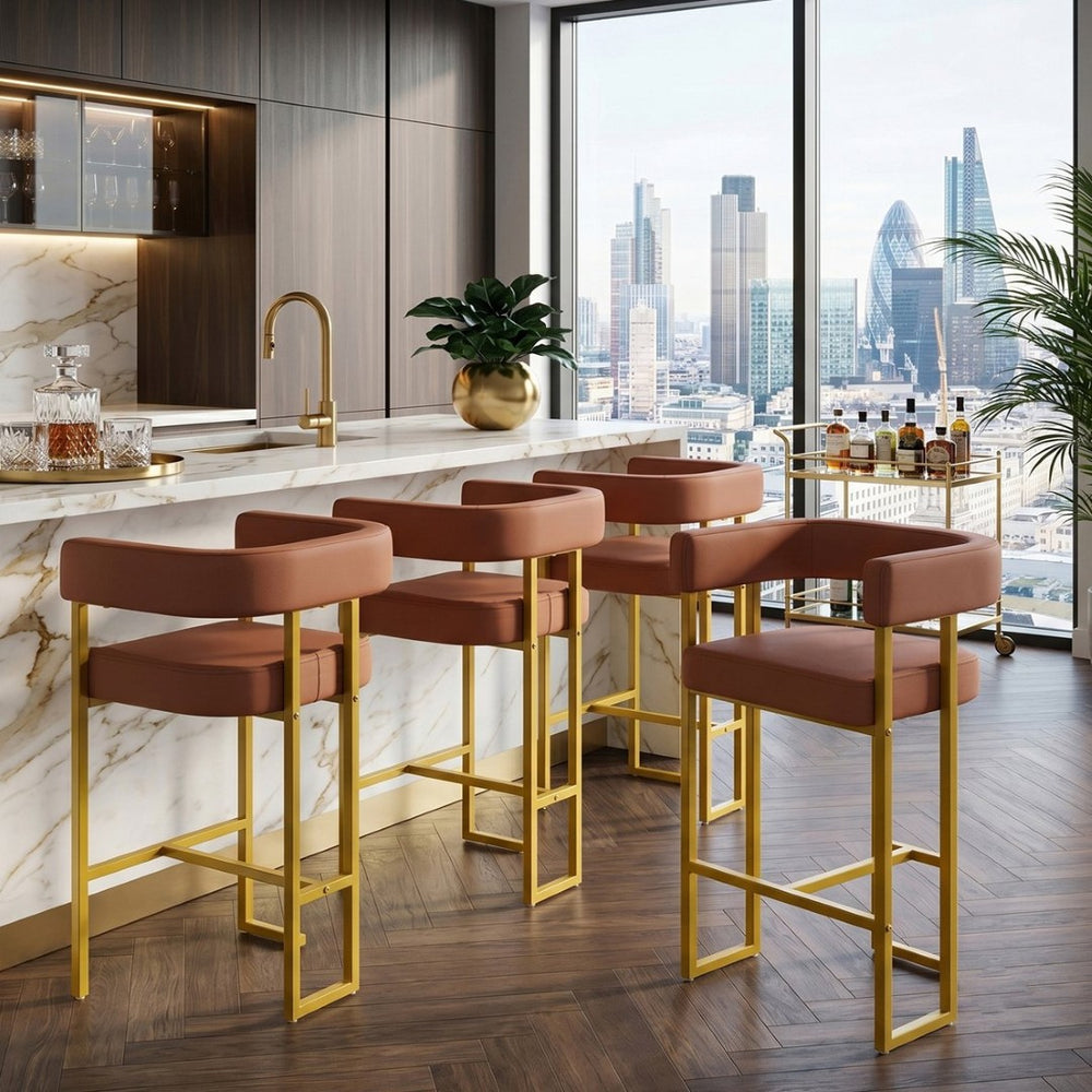 English Elm Modern Mid-Century Counter Stools Set of 4 PU Leather Gold Frame Kitchen Seating W2920S00193