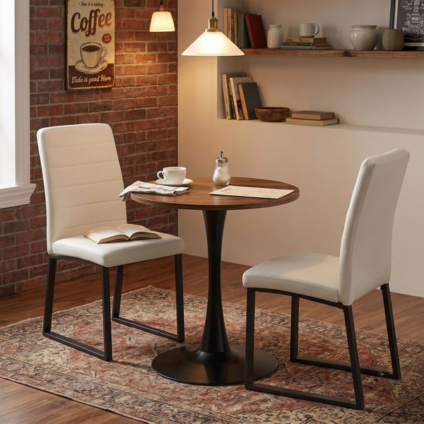 English Elm 23.6'' Round Walnut Mdf Dining Set for Two with White Pu Leather Chairs Apartment W2920S00194