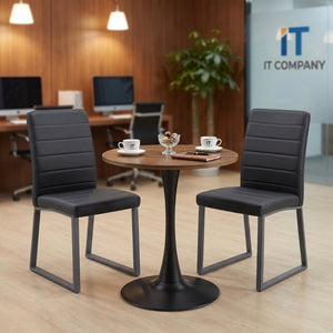 English Elm 23.6'' Round Walnut Dining Set for Two with Pu Leather Chairs Small Space Modern Walnut Table + 2 Black Chairs W2920S00195