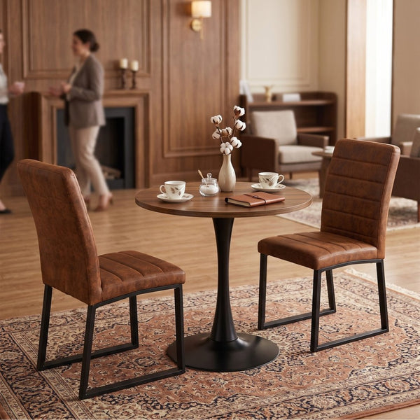 English Elm 23.6'' Round Walnut Mdf Dining Set with Pu Leather Chairs for Small Apartment W2920S00196
