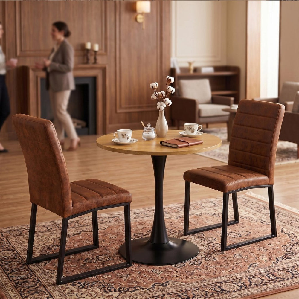English Elm 23.6'' Round Walnut Mdf Dining Set for Two with Pu Leather Upholstered Chairs W2920S00197