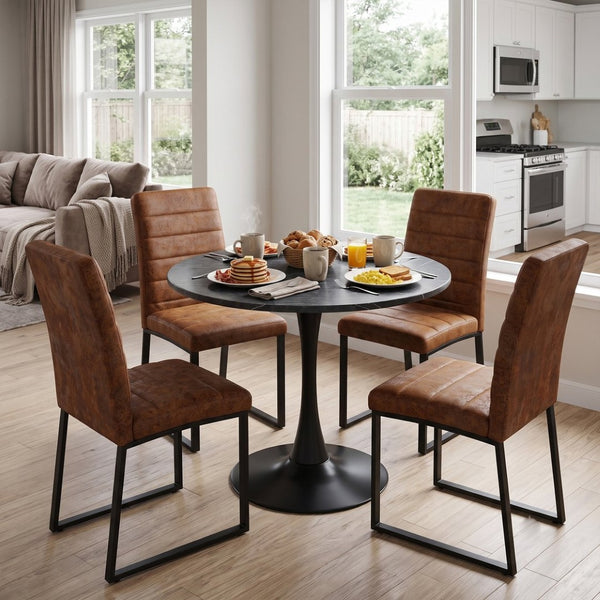 English Elm 31.5'' Round Faux Marble Dining Set Seating Four with Pu Leather Chairs for Apartments W2920S00200