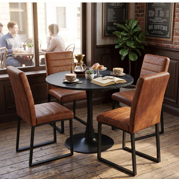 English Elm 31.5'' Round Faux Marble Dining Set Seating Four with Pu Leather Chairs for Apartments W2920S00200