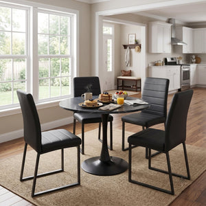 English Elm 31.5'' Round Faux Marble Dining Set Seats Four with Pu Leather Chairs for Apartments Faux Marble Table + 4 Black Chairs W2920S00201