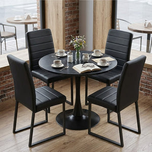 English Elm 31.5'' Round Faux Marble Dining Set Seats Four with Pu Leather Chairs for Apartments Faux Marble Table + 4 Black Chairs W2920S00201
