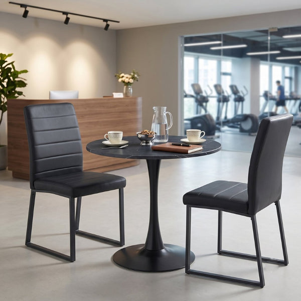 English Elm 31.5'' Round Faux Marble Dining Set Seats Four with Pu Leather Chairs for Apartments Faux Marble Table + 4 Black Chairs W2920S00201