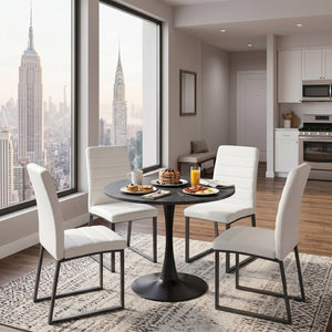 English Elm 31.5'' Round Faux Marble Dining Set Seats Four with Pu Leather Chairs for Apartments Faux Marble Table + 4 White Chairs W2920S00202