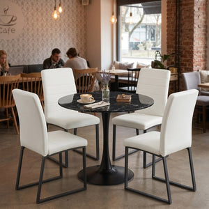 English Elm 31.5'' Round Faux Marble Dining Set Seats Four with Pu Leather Chairs for Apartments Faux Marble Table + 4 White Chairs W2920S00202