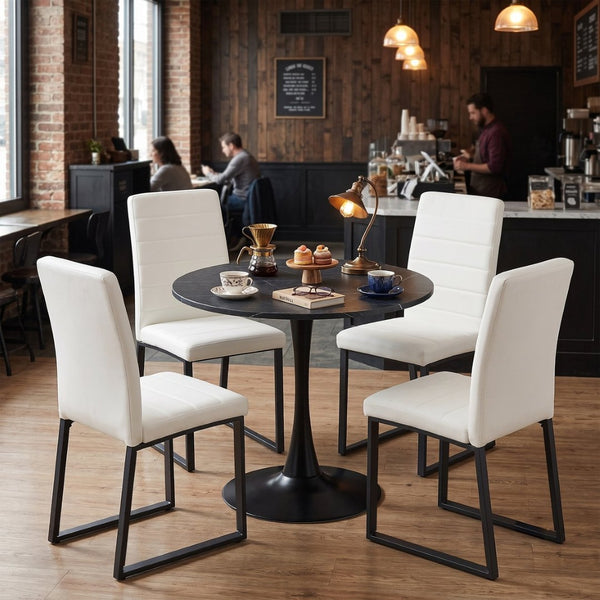 English Elm 31.5'' Round Faux Marble Dining Set Seats Four with Pu Leather Chairs for Apartments Faux Marble Table + 4 White Chairs W2920S00202