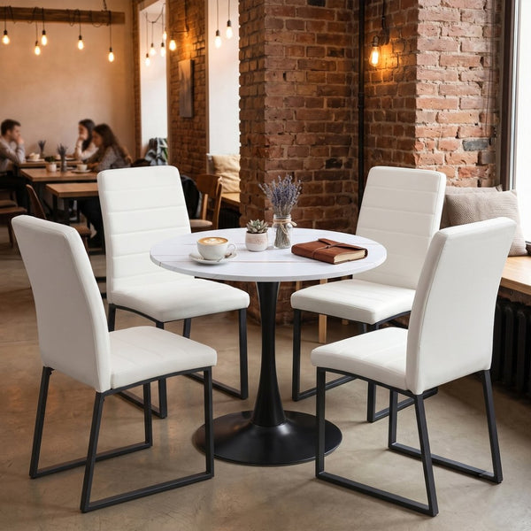 English Elm 31.5'' Round Faux Marble Dining Set Seats Four with Pu Leather Chairs for Apartments White Table + 4 White Chairs W2920S00203