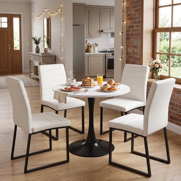 English Elm 31.5'' Round Faux Marble Dining Set Seats Four with Pu Leather Chairs for Apartments White Table + 4 White Chairs W2920S00203