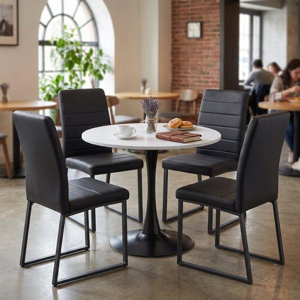 English Elm 31.5'' Round Faux Marble Dining Set Seats Four with Pu Leather Chairs for Apartments White Table + 4 Black Chairs W2920S00204