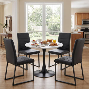 English Elm 31.5'' Round Faux Marble Dining Set Seats Four with Pu Leather Chairs for Apartments White Table + 4 Black Chairs W2920S00204