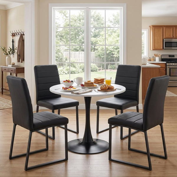English Elm 31.5'' Round Faux Marble Dining Set Seats Four with Pu Leather Chairs for Apartments White Table + 4 Black Chairs W2920S00204