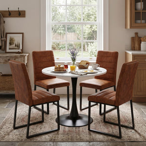 English Elm 31.5'' Round Faux Marble Dining Set Seats Four with Pu Leather Chairs for Apartments W2920S00205