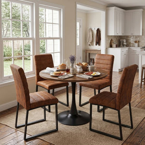 English Elm 31.5 Inch Round Dining Set Seats 4 with Walnut MDF Table and Brown PU Leather Chairs W2920S00206