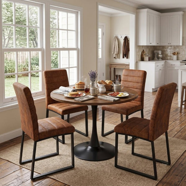 English Elm 31.5 Inch Round Dining Set Seats 4 with Walnut MDF Table and Brown PU Leather Chairs W2920S00206