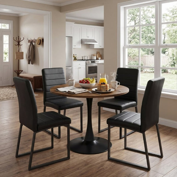 English Elm 31.5 Inch Round Dining Set Seats Four with PU Leather Chairs for Small Apartments Walnut / Black - A W2920S00207